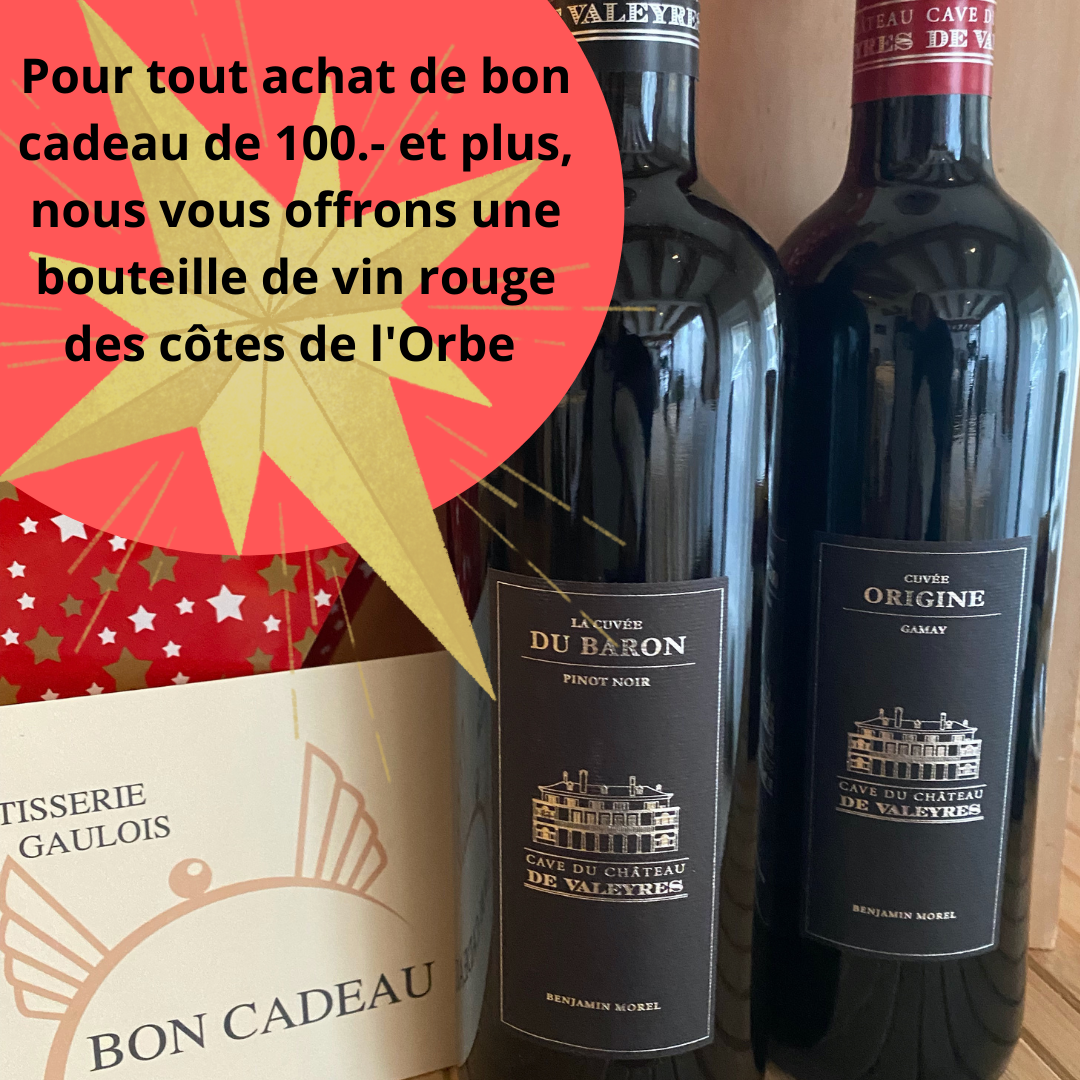 Pour tout achat de bon cadeau de 100.- et plus, nous vous offrons une bouteille de vin rouge des côtes de l'Orbe