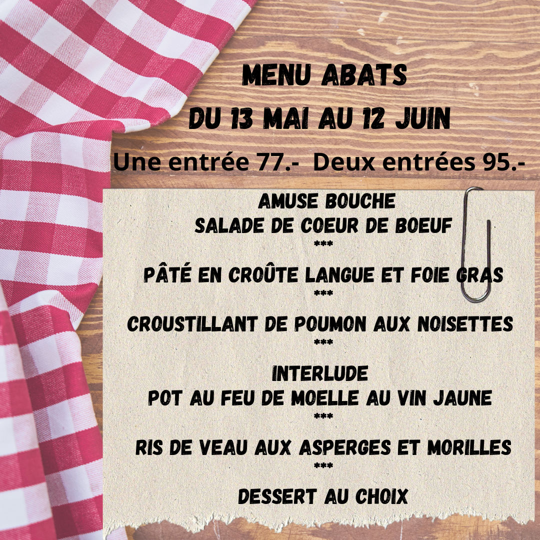 Menu abats du 13 mai au 12 juin au gaulois romainmotier Menu abats du 13 mai au 12 juin au gaulois romainmotier