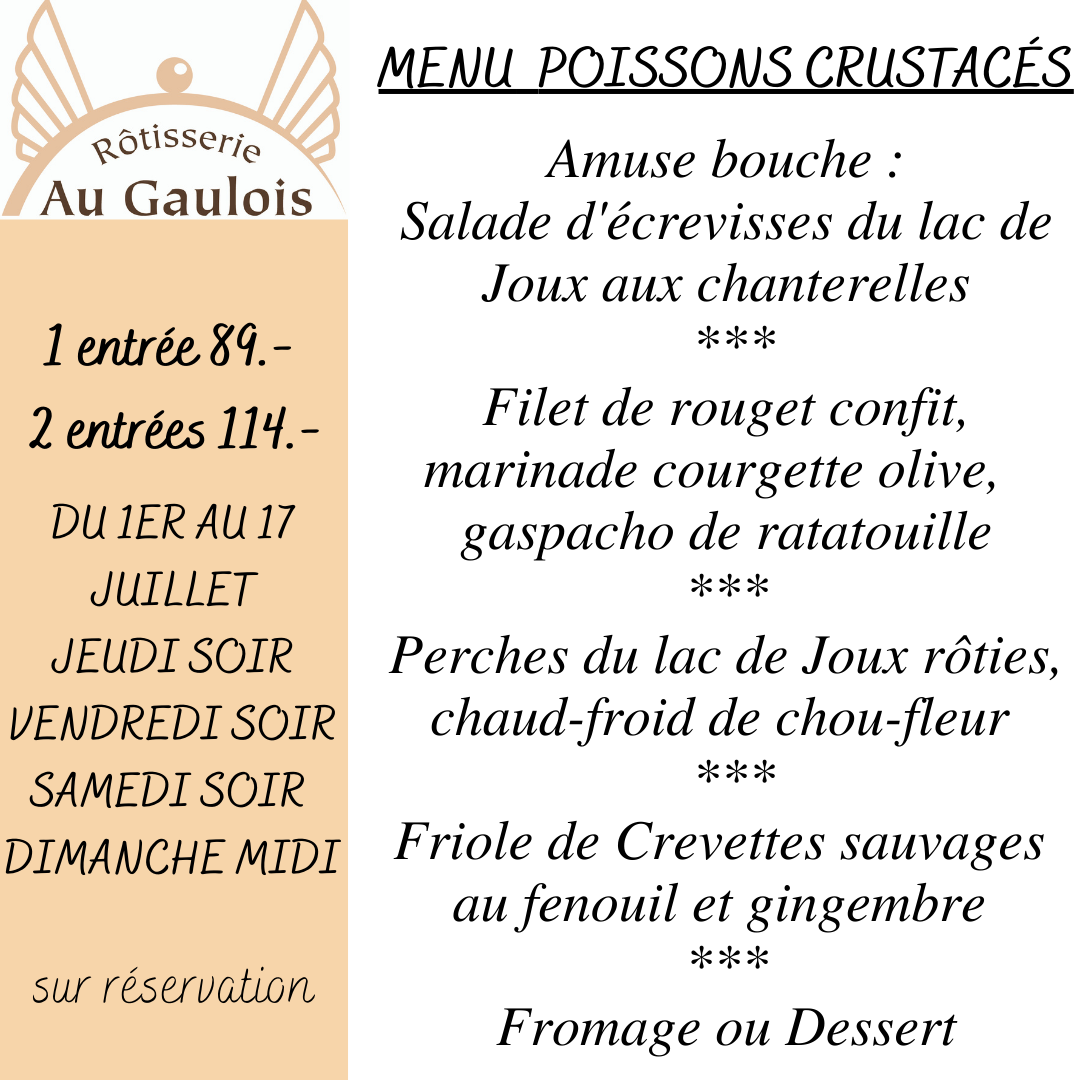 menu poissons et crustacés au gaulois romainmotier