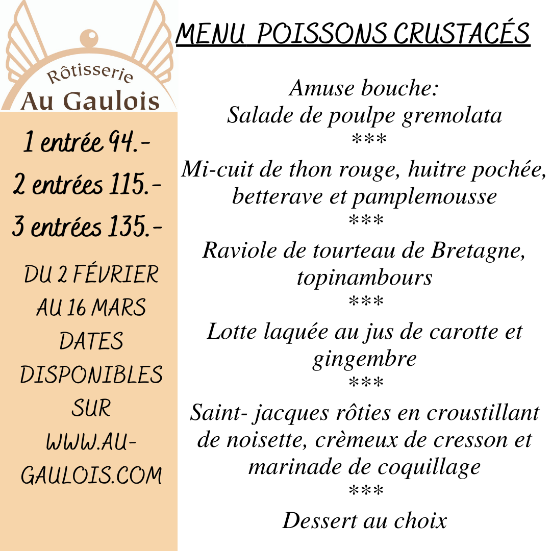 menu poisson crustacés romainmotier Croy au gaulois